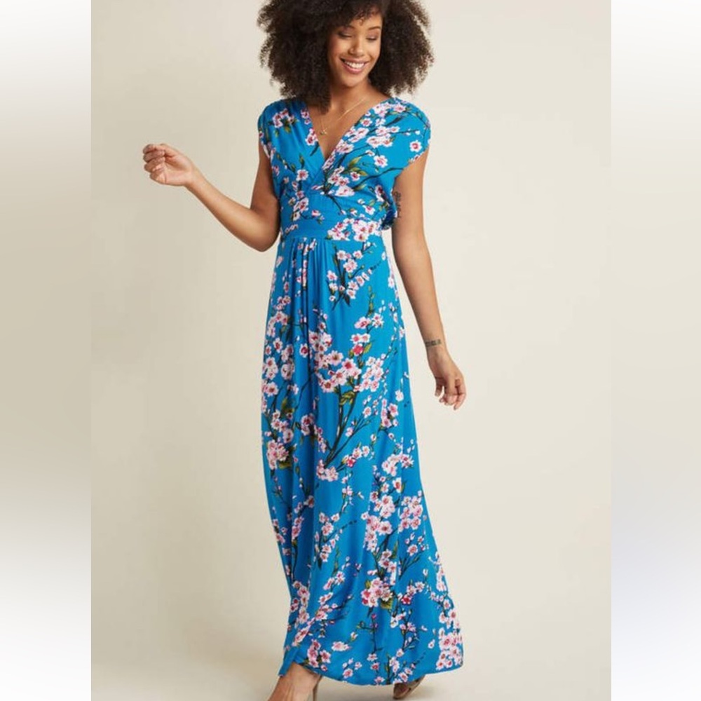 Ruby Rocks Feeling Serene Blue Maxi Dress In Cherry Blossoms Garden Party Size L
